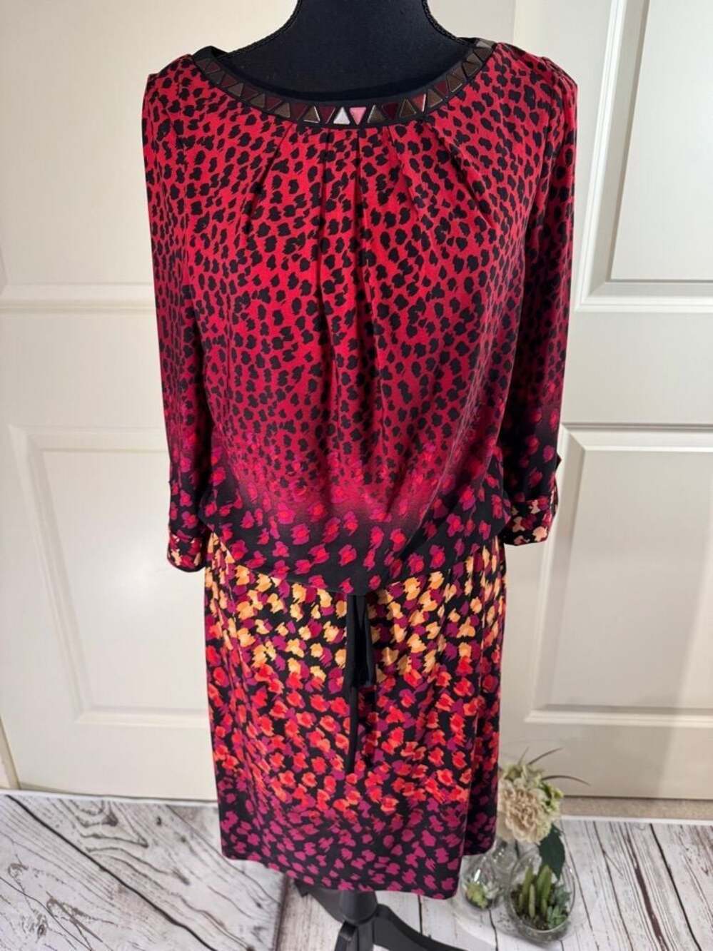 London Times Red and Black Animal Print Embellished Neckline Dress 4